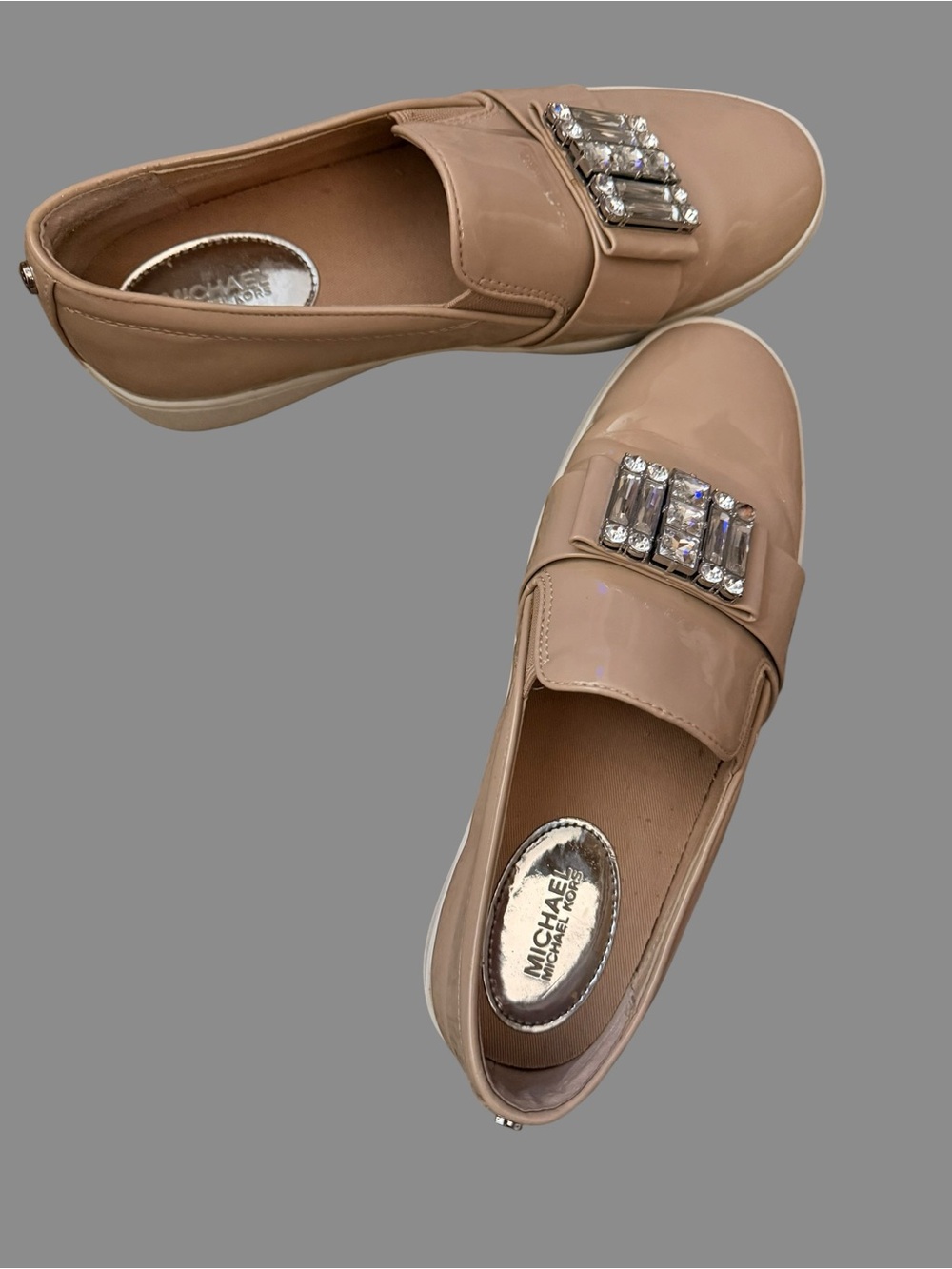 Michael Kors Taupe Patent Slip On Sneakers Crystal Embellished Shoes Size 6 - Picture 2 of 12